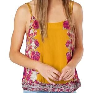 Free People Move Lightly Satin Tank Top Floral Scoop Neck Cami Yellow Pink XS